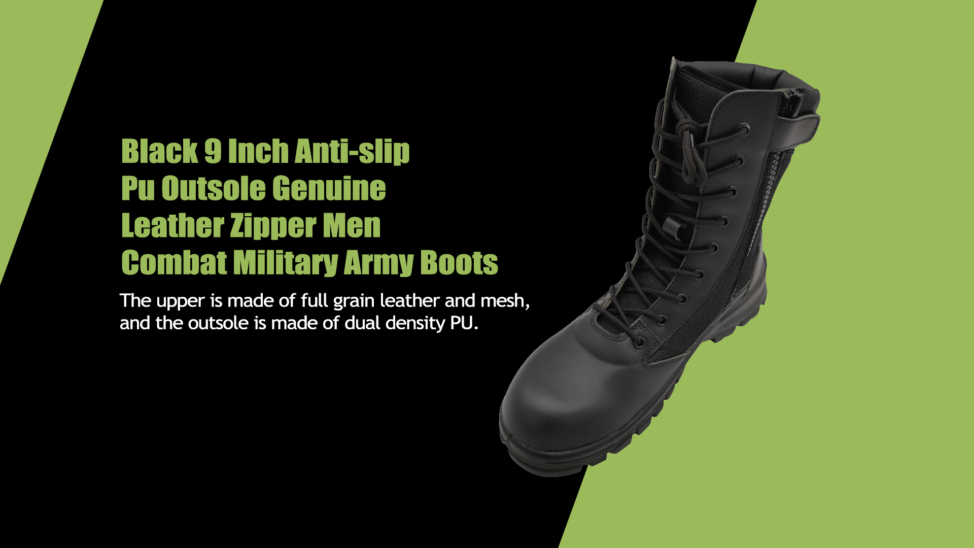 Black 9 Inch Anti-slip Pu Outsole Genuine Leather Zipper Men Combat Military Army Boots